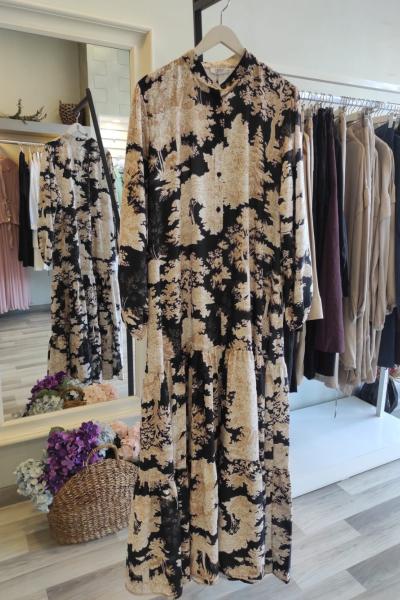 Merwish YAPRAK ESİNTİSİ YAZ ELBİSE  Sütlü Kahve