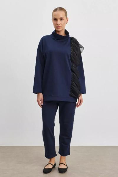 Merwish Organze Basic Pantolonlu Takım İndigo