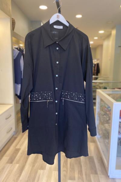 Nes Cebi Taş Fermuarlı Gömlek Siyah