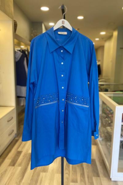 Nes Cebi Taş Fermuarlı Gömlek Saks Mavisi