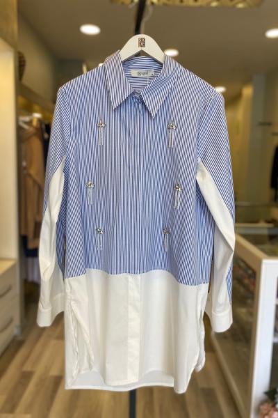 Nes Çizgili Taşlı Gömlek Lacivert