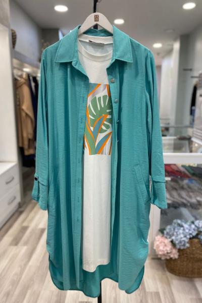 Nes İlkbahar Desenli Sıfır Kol İçlik Gömlek Takım Turkuaz