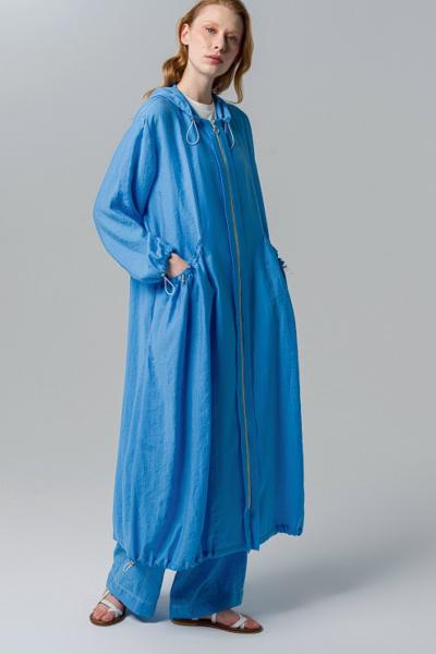 Ceremony Önden Fermuarlı Cepleri Büzgülü Uzun Cupra Kap Mavi