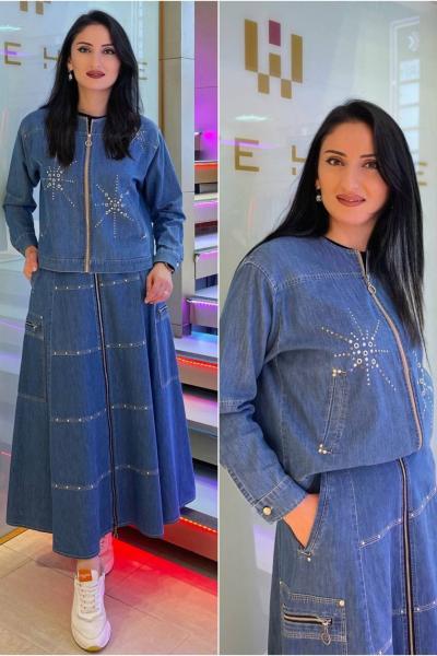 Ceremony Önden Fermuarlı Yıldız İşlemeli Kısa Ceket Etek Takım Kot (Denim)