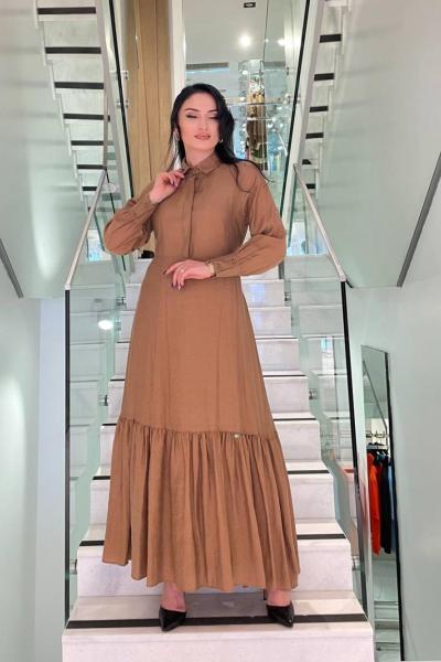 Ceremony Önden Yarı Supatlı Yakası İşleme Detaylı Belden Bağlamalı Cupra Elbise Kahverengi