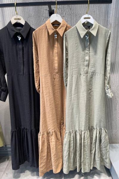 Ceremony Önden Yarı Supatlı Yakası İşleme Detaylı Belden Bağlamalı Cupra Elbise Camel