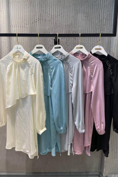 Ceremony Önü Allerli Yakası İşlemeli Saten Bluz Krem