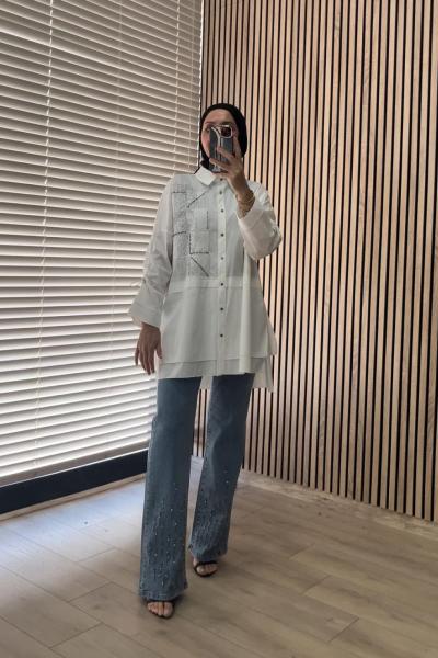 Otto Paçası Taşlı Jean Pantolon Açık Mavi