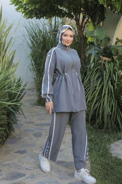 Pilise Omuz Düğme Büzgü Takım Gri