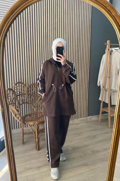 Pilise Omuz Düğme Büzgü Takım Kahverengi