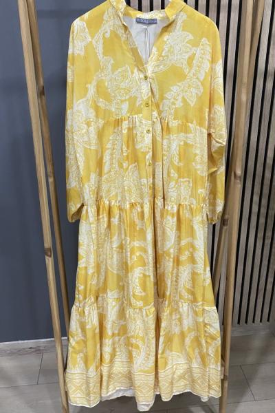 Puane Kat Kat Desenli Elbise Sarı