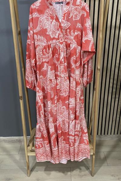 Puane Kat Kat Desenli Elbise Kırmızı