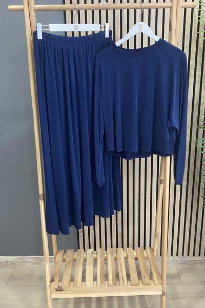 Puane Kısa Bluz Etekli Takım Lacivert