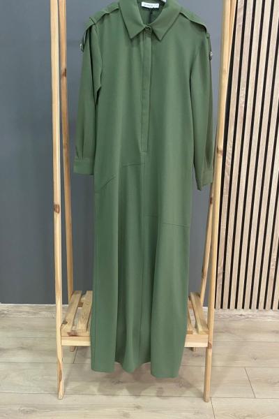 Puane Omuzları Taşlı Sade Elbise Haki