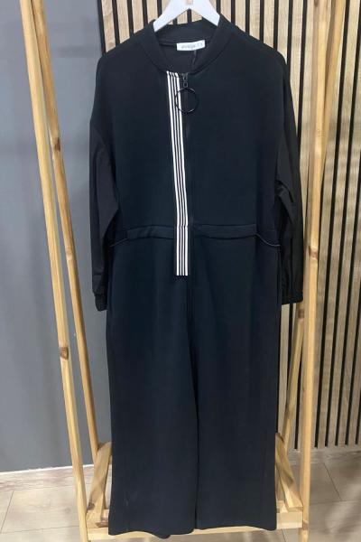 Puane Şerit Detaylı Fermuarlı Elbise Siyah