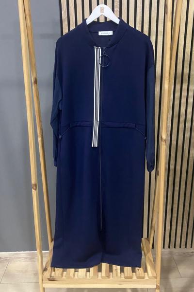 Puane Şerit Detaylı Fermuarlı Elbise Lacivert