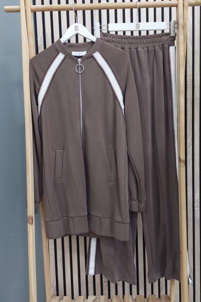 Puane Nakış Detaylı Cepli Takım Kahverengi