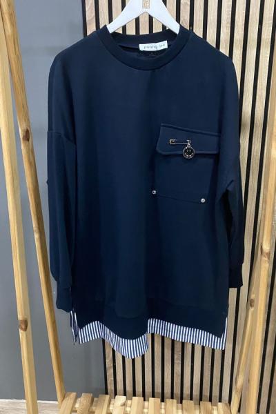 Puane Tek Cep Aksesuarlı Kumaş Detaylı Tunik Lacivert