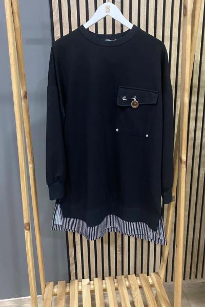 Puane Tek Cep Aksesuarlı Kumaş Detaylı Tunik Siyah