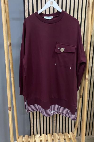 Puane Tek Cep Aksesuarlı Kumaş Detaylı Tunik Bordo