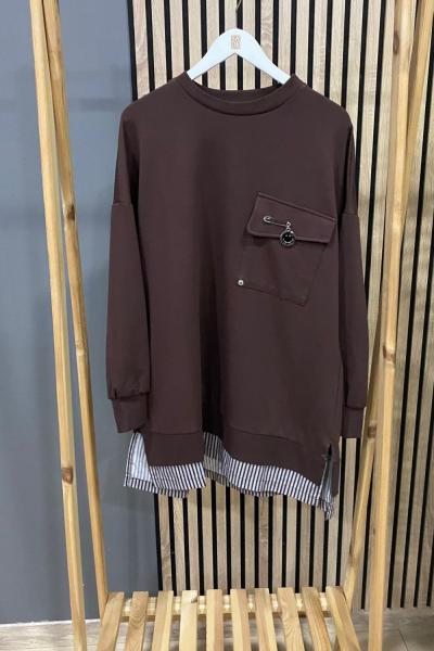 Puane Tek Cep Aksesuarlı Kumaş Detaylı Tunik Kahverengi