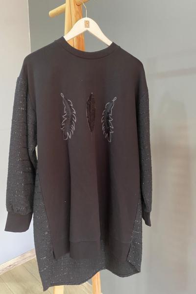 Puane Yaprak Ve Tüvit Detay Tunik Siyah