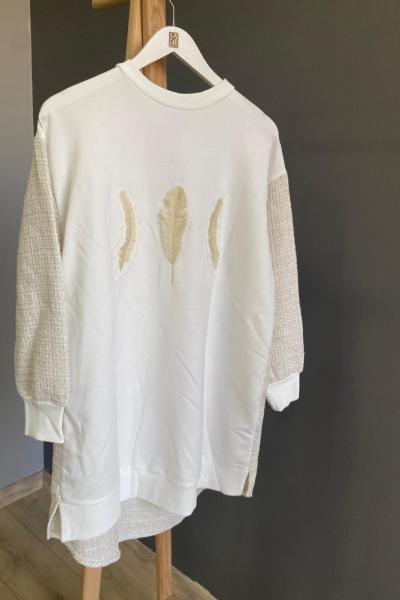 Puane Yaprak Ve Tüvit Detay Tunik Krem