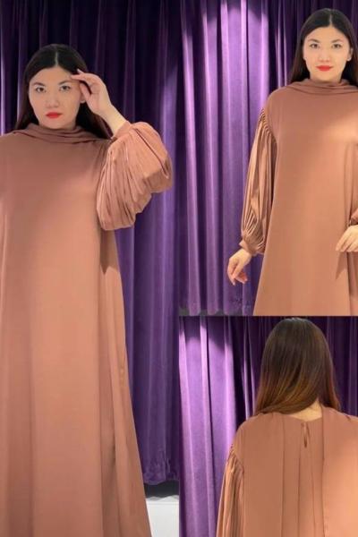 Ceremony Kolları Dik Plise Lamarca Elbise  Kahverengi