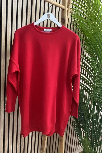 Merwish Kolu Düğmeli Tunik Kırmızı