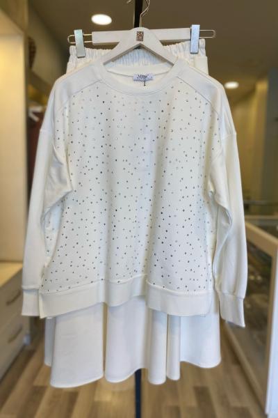 Merwish Etek Taşlı Takım Beyaz