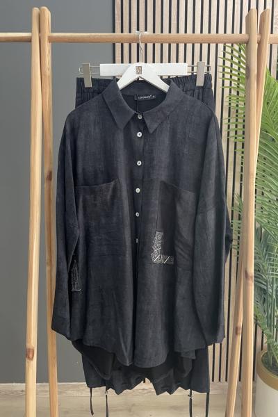 Sade Butik Cep Kenarları File Boncuk Detaylı Pantolonun Paçası Stoper Büzgü Detay Takım Siyah