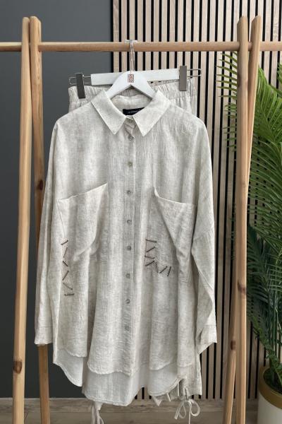 Sade Butik Cep Kenarları File Boncuk Detaylı Pantolonun Paçası Stoper Büzgü Detay Takım Bej