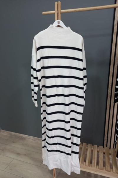 SADE Çizgili Triko Elbise Beyaz