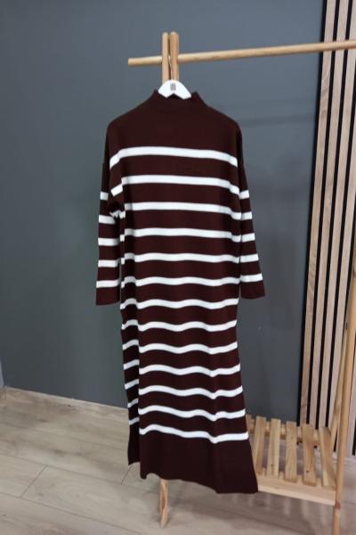 SADE Çizgili Triko Elbise Kahverengi