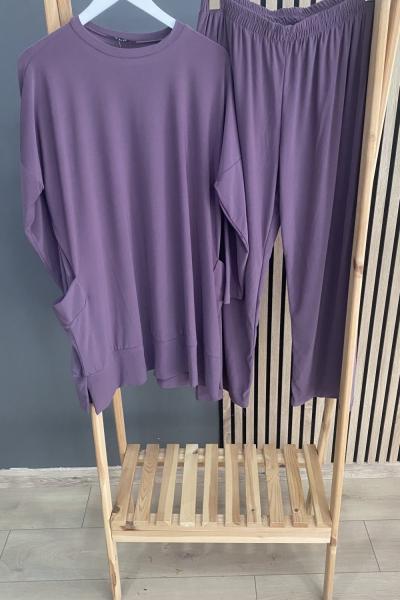 SADE Tuniği Çift Cepli Sandy Pantolonlu Takım Mürdüm