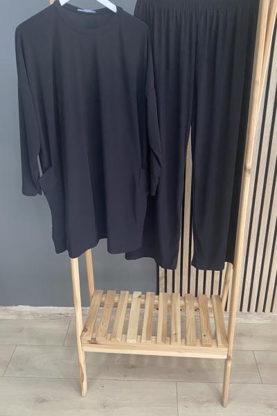 SADE Tuniği Çift Cepli Sandy Pantolonlu Takım Siyah