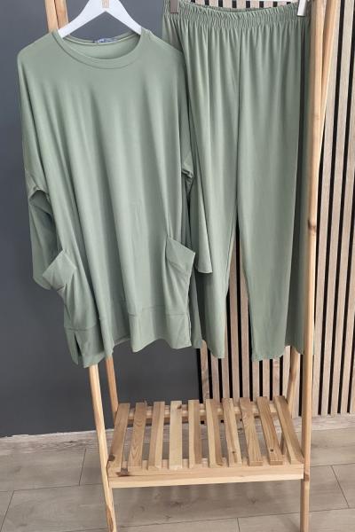 SADE Tuniği Çift Cepli Sandy Pantolonlu Takım Haki