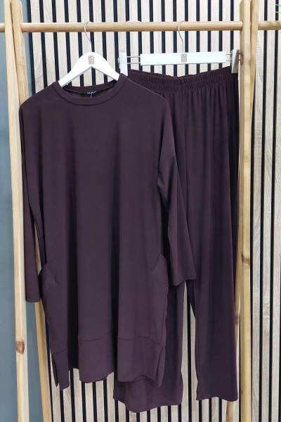 SADE Tuniği Çift Cepli Sandy Pantolonlu Takım Kahverengi