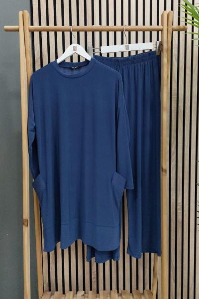 SADE Tuniği Çift Cepli Sandy Pantolonlu Takım İndigo