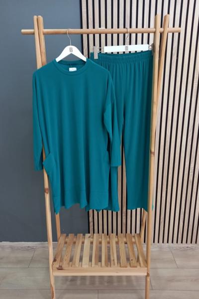 SADE Tuniği Çift Cepli Sandy Pantolonlu Takım Yeşil