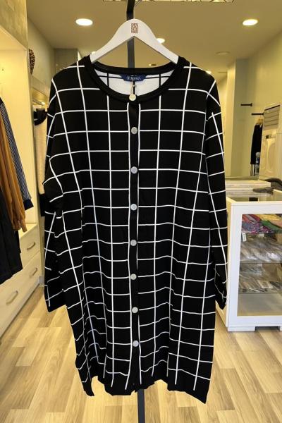 Süssü Perfect Rayon Kareli Düğmeli Triko Ceket Siyah Beyaz