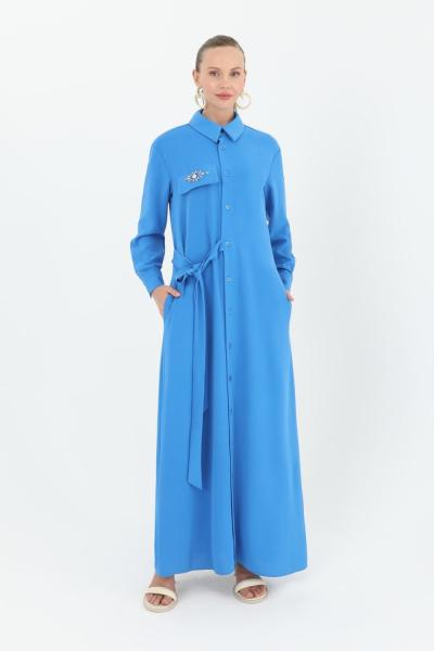 Puane Tek Cep Aksesuarlı Düğmeli Taşlı Elbise Mavi