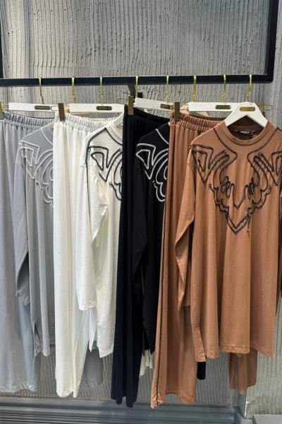 Ceremony Tuniği Lase İşli Bambu Pantolon Takım Krem
