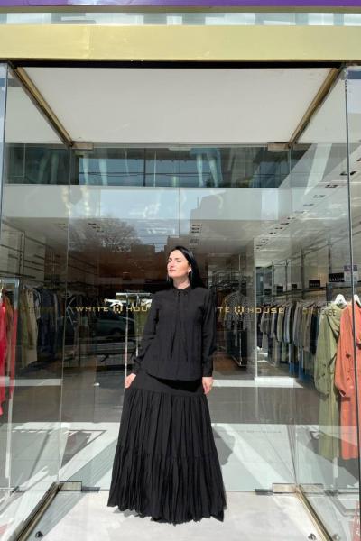 Ceremony Yakası Bağlamalı Eteği Kat Kat Kraşlı Cupra Takım Siyah