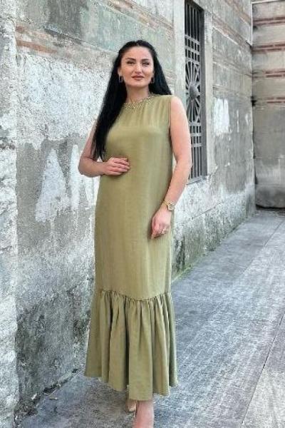 Ceremony Yakası Taşlı İşlemeli Tencel Kolsuz Elbise Yeşil