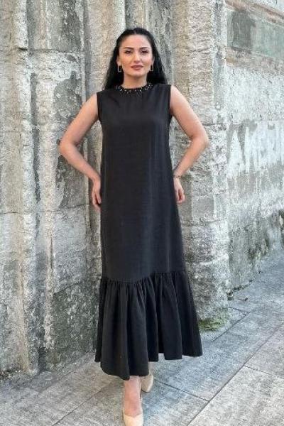 Ceremony Yakası Taşlı İşlemeli Tencel Kolsuz Elbise Siyah
