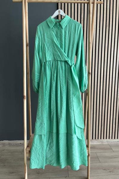 Ceremony Yandan Bağlamalı Nervürlü Elbise Mint Yeşili