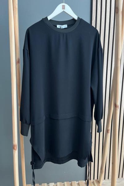 Puane Yanları İp Detaylı Tunik Siyah