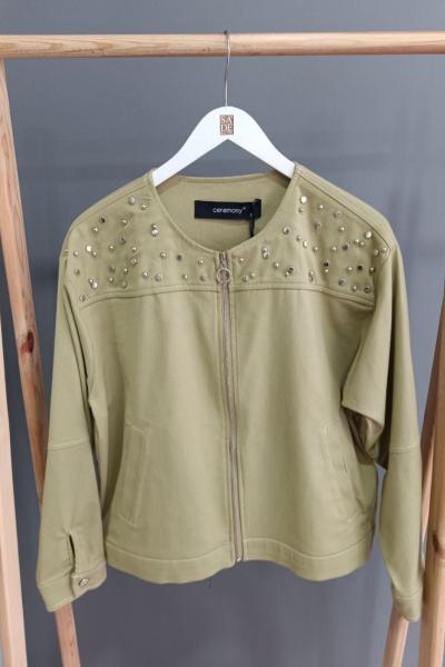 Ceremony Zımba Detaylı Pamuk Gabardin Fermuarlı Kısa Ceket Yeşil