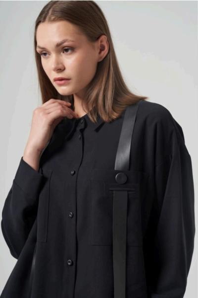 Ceremony Anjelik Omuzdan Deri Askı Detaylı Tunik Siyah